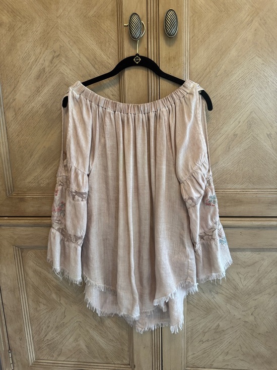 Tops - Light Blush Off-the-Shoulder Boho Top with Embroidered Sleeves